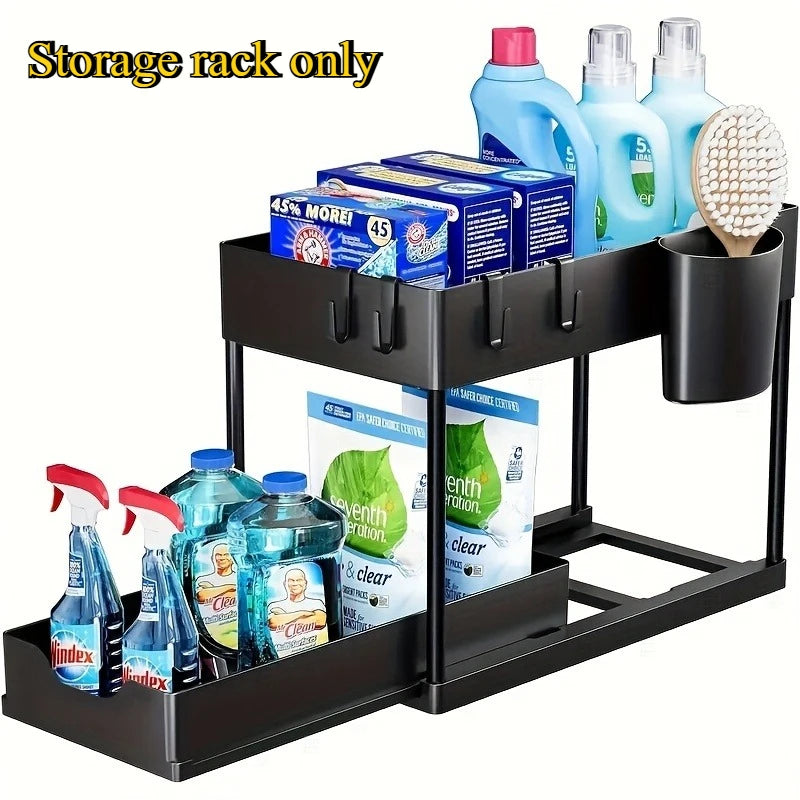 Under Sink Organizer, 2 Tier Sliding Cabinet Storage Basket with Hooks, Purpose Bathroom & Kitchen Organizer Shelf for Bathroom