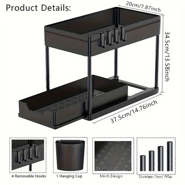 Under Sink Organizer, 2 Tier Sliding Cabinet Storage Basket with Hooks, Purpose Bathroom & Kitchen Organizer Shelf for Bathroom