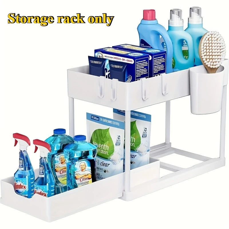 Under Sink Organizer, 2 Tier Sliding Cabinet Storage Basket with Hooks, Purpose Bathroom & Kitchen Organizer Shelf for Bathroom
