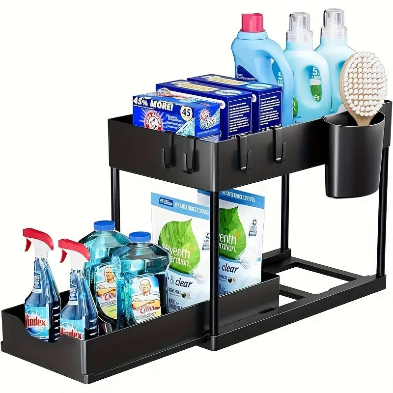 Under Sink Organizer, 2 Tier Sliding Cabinet Storage Basket with Hooks, Purpose Bathroom & Kitchen Organizer Shelf for Bathroom