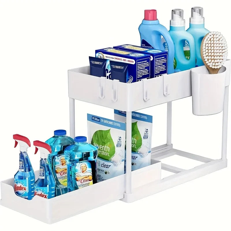 Under Sink Organizer, 2 Tier Sliding Cabinet Storage Basket with Hooks, Purpose Bathroom & Kitchen Organizer Shelf for Bathroom